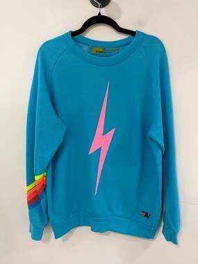 Aviator Nation Bolt Crew Neck Sweatshirt Neon Blue Five Stripe Size XL